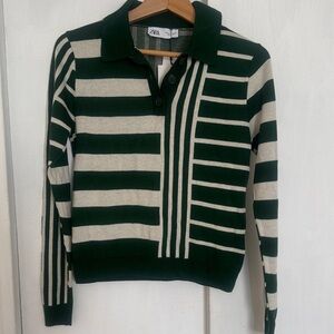 Zara Striped Green and Cream Sweater size S NWT